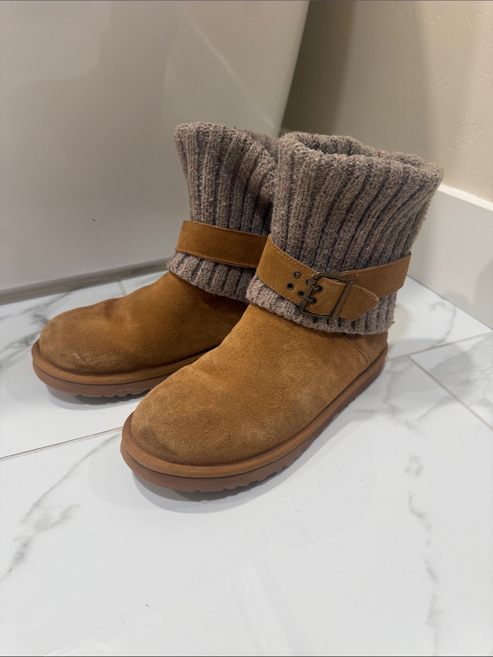 UGG Chestnut/Knit Fold-Over Suede Ankle Boots